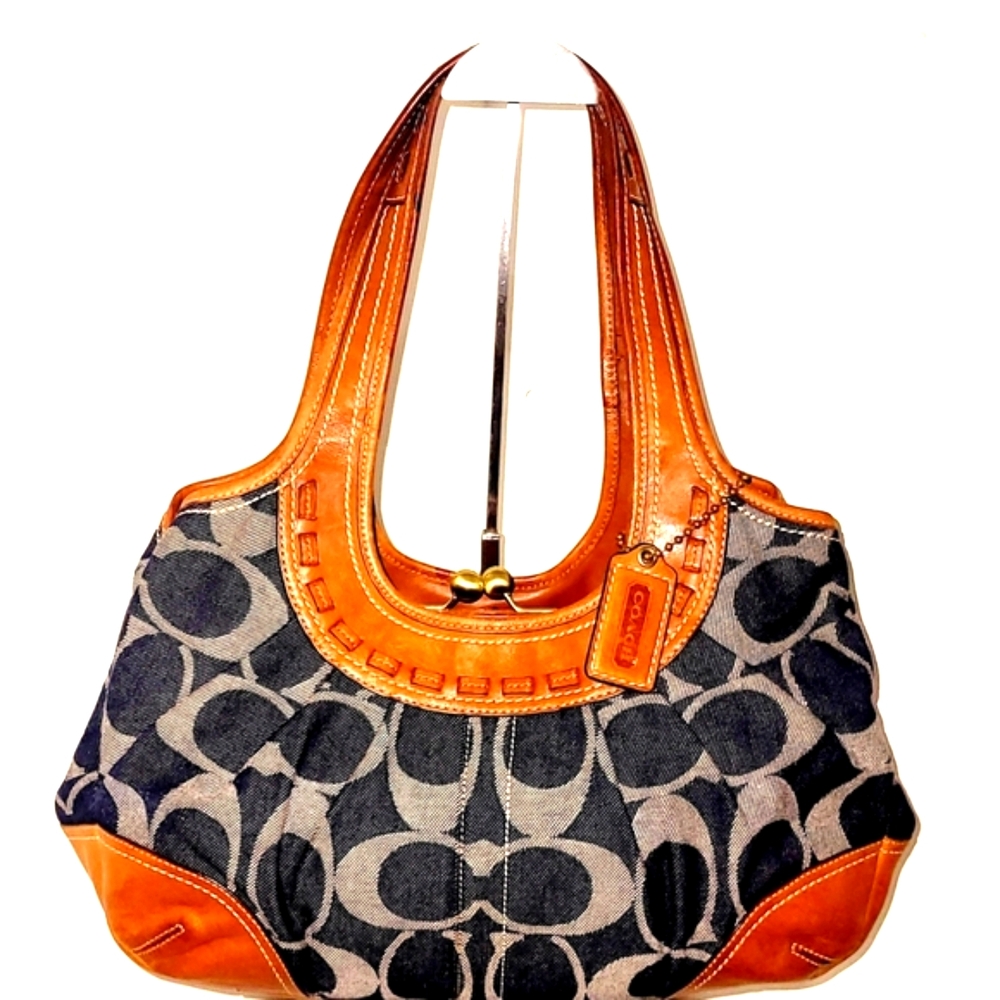 Coach Ergo Tattersall Leather & Signature Denim Satchel - Picture 2 of 9